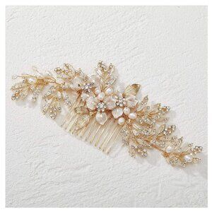 🆕Women Gold Flower Crystal Hair Comb Accessories with Pearl Side Comb Headpiece
